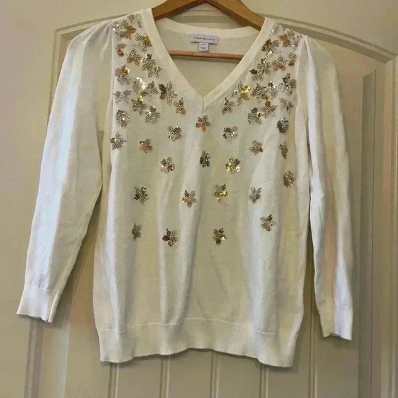 CHARTER CLUB Women's Petite Small White Gold sequined Embellished Sweater - Picture 3 of 9